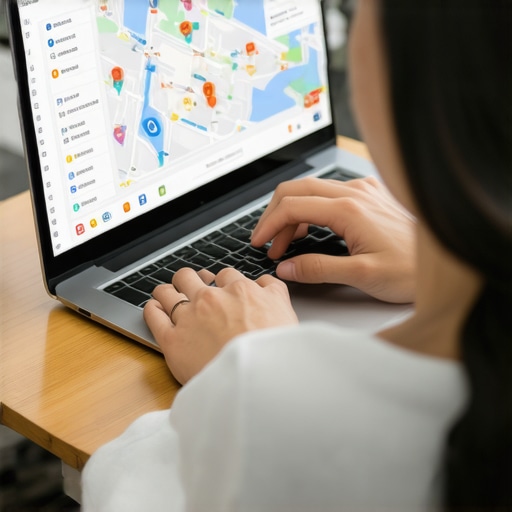 Person reviewing local SEO analytics on a laptop with maps and charts.