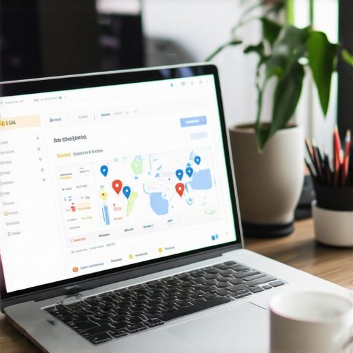 Laptop showing SEO analytics and maps for local business optimization.