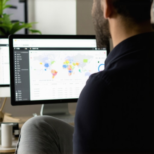 A person analyzing local SEO metrics on a laptop, including maps and analytics dashboards.