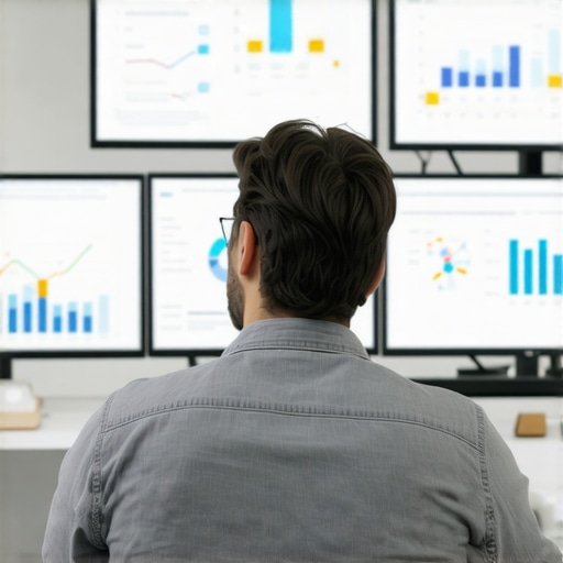 Consultant reviewing complex Google Maps ranking data on multiple monitors.