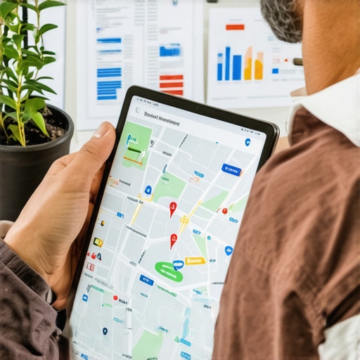 Consultant analyzing local map data on a tablet for SEO optimization