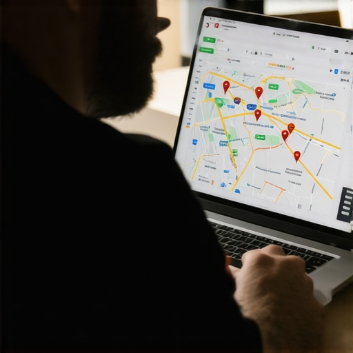 SEO professional reviewing local business map rankings on a laptop.