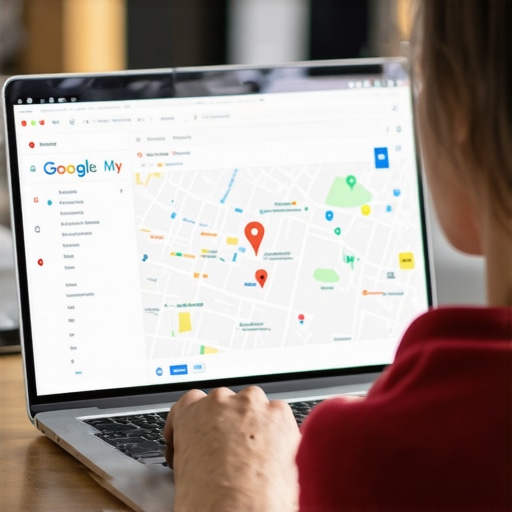 Business owner optimizing GMB profile on laptop with local map