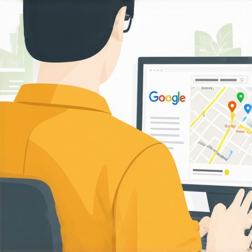 Business owner working on Google My Business profile on a computer, with a local map displayed