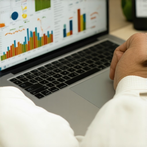 Person reviewing SEO analytics on laptop screen showing upward trending graphs