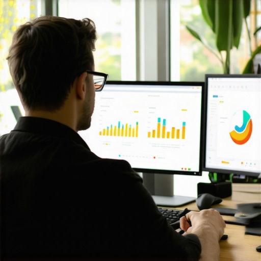 Digital marketer reviewing Google Maps performance analytics on multiple screens