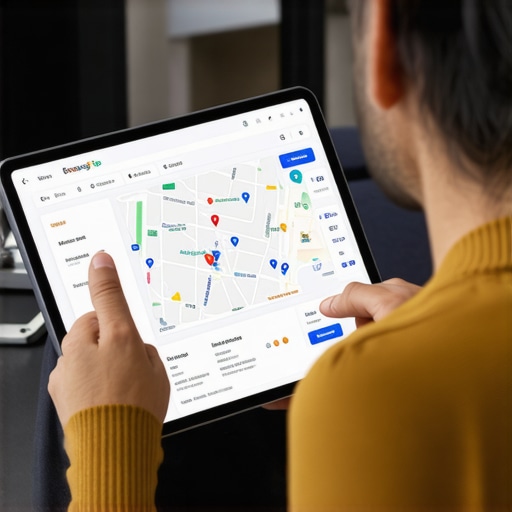 Analyzing Map Data for SEO Success Digital marketer reviewing Google Maps analytics on a tablet, with charts showing rankings