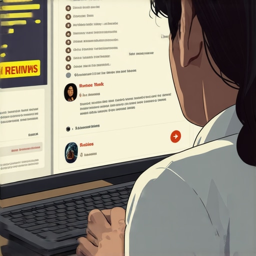 Illustration of a detective examining reviews on a computer to identify fake profiles