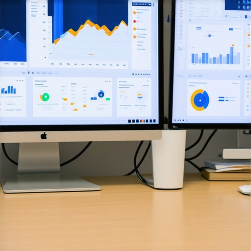 A workspace featuring monitors showing local SEO analytics, ranking graphs, and citation management tools.