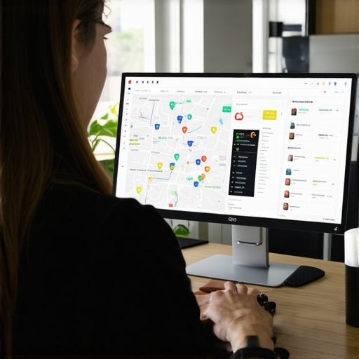 A professional analyzing various Google My Business profiles using multiple screens in a sleek office.