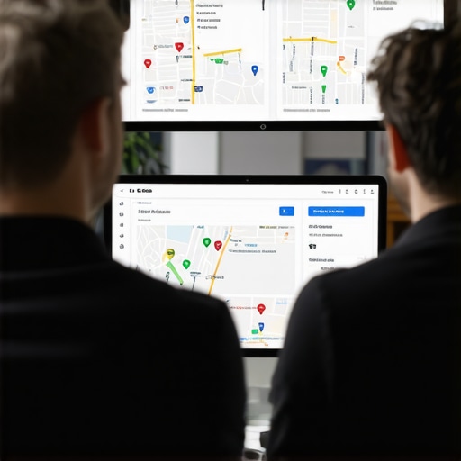 Team of professionals reviewing map optimization strategies on digital screens.