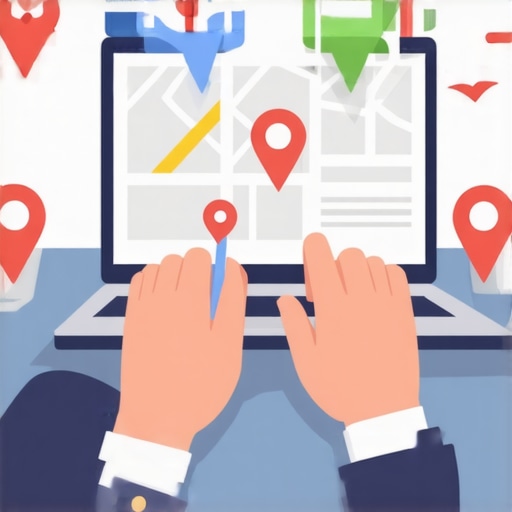 Person updating a Google Maps listing on a laptop with digital maps in the background.