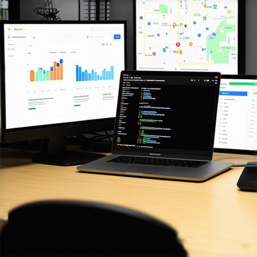Optimized Map SEO Workspace A workspace with screens showing SEO analytics and maps