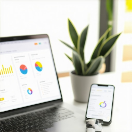 Office workspace with devices and charts showing local SEO analytics