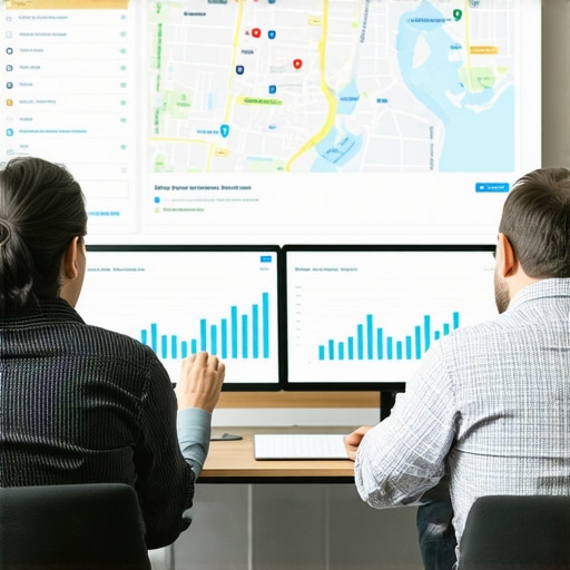 A team of professionals reviewing data charts on a computer screen, focusing on local map rankings and transit signals.