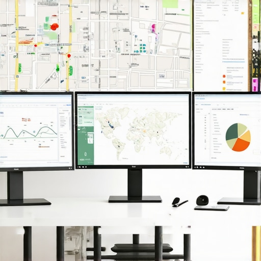 Screenshot of geospatial analysis software and maps on professional computers.