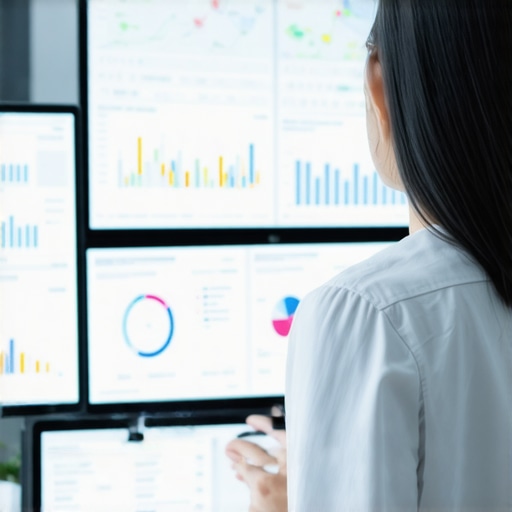 A person using multiple monitors with map analytics dashboards to track local SEO performance.