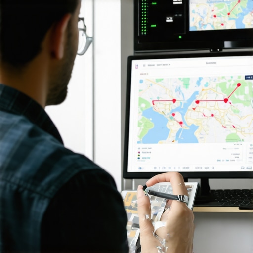 Map SEO Tools for Long-Term Success Professional analyzing map data with advanced software and satellite imagery visualization.