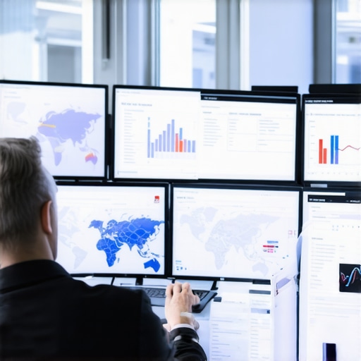 A digital marketer reviewing geo-data and analytics dashboards on multiple monitors.