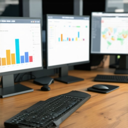 A professional workspace with monitors showing analytics, maps, and SEO tools for local rankings