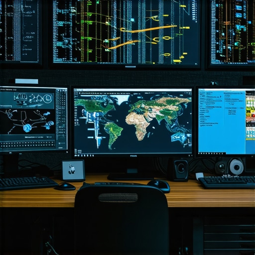 Tools for Long-Term Map SEO Success A workspace with GIS data, drones, and coding scripts on screens used by map SEO experts.