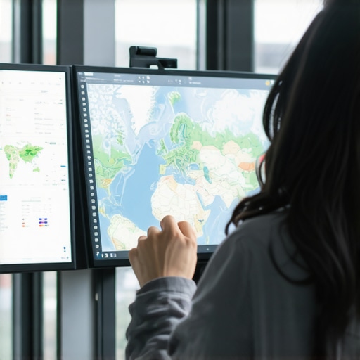 A mapping professional analyzing satellite imagery and map data on a computer to maintain local SEO rankings.